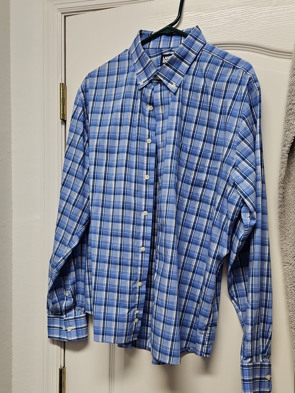 Lands' End Men's Blue and White Plaid Button-Down Shirt